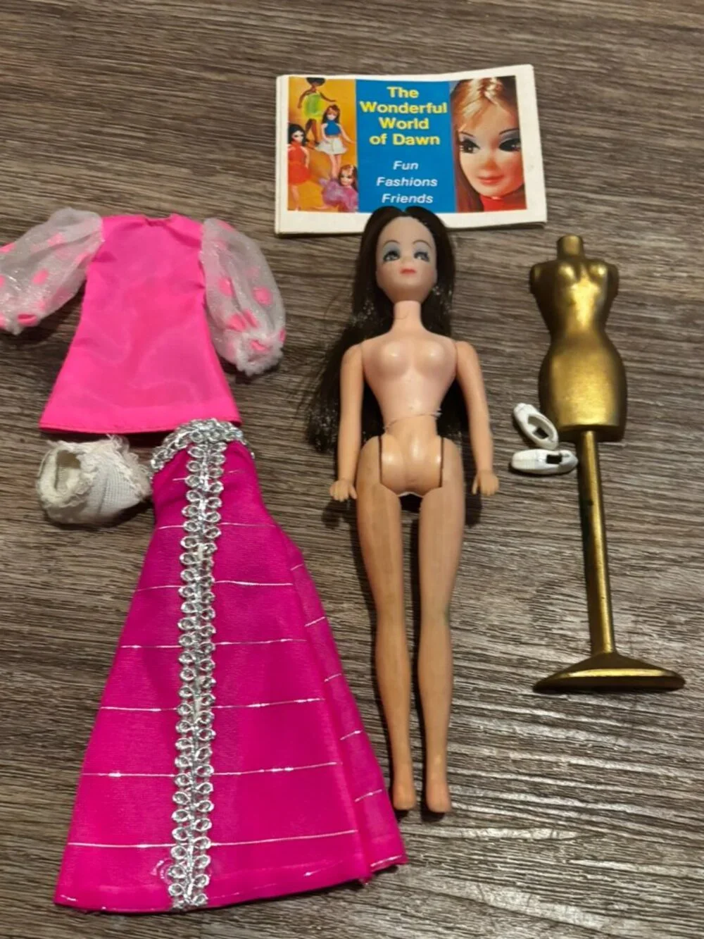 Topper Dawn Angie Doll wearing original pink mini includes Shocker Frocker